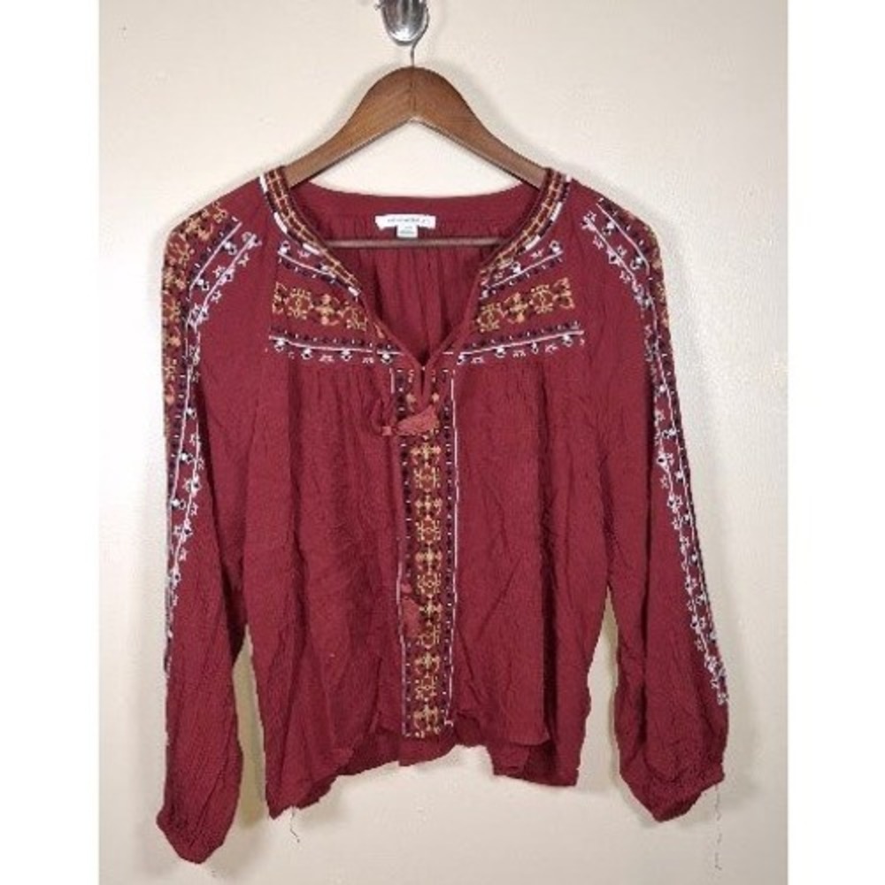 American Eagle Red Embroidered Peasant Blouse Tassel Tie Boho Top Large
